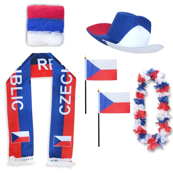 Fan-Paket &quot;Tschechien&quot; Czech Republic WM EM Fußball Schal Hawaiikette Hut Schweissband Fahne Flagge