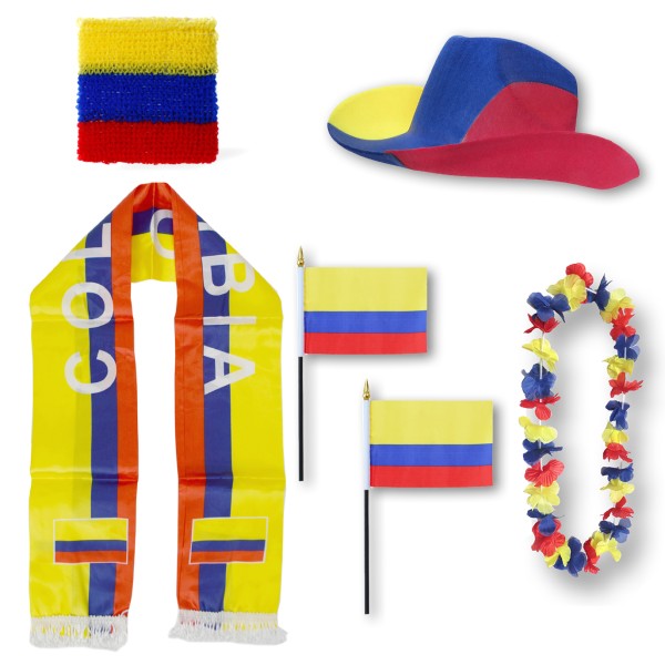 Fan-Paket &quot;Kolumbien&quot; Colombia WM EM Fußball Schal Hawaiikette Hut Schweissband Fahne Flagge