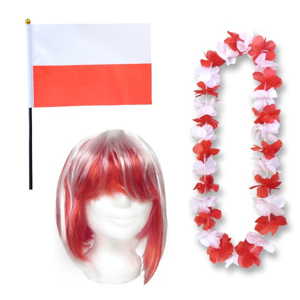 Fanset &quot;Polen&quot; Poland Polska Blumenkette Fahne Flagge Perücke Bob
