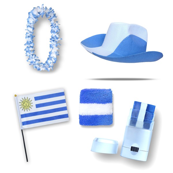 Fan-Paket EM &quot;Uruguay&quot; Fußball Hut Kette Schminke Schweißband Flagge