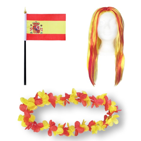 Fanset &quot;Spanien&quot; Spain Espana Blumenkette Fahne Flagge Perücke Langhaar