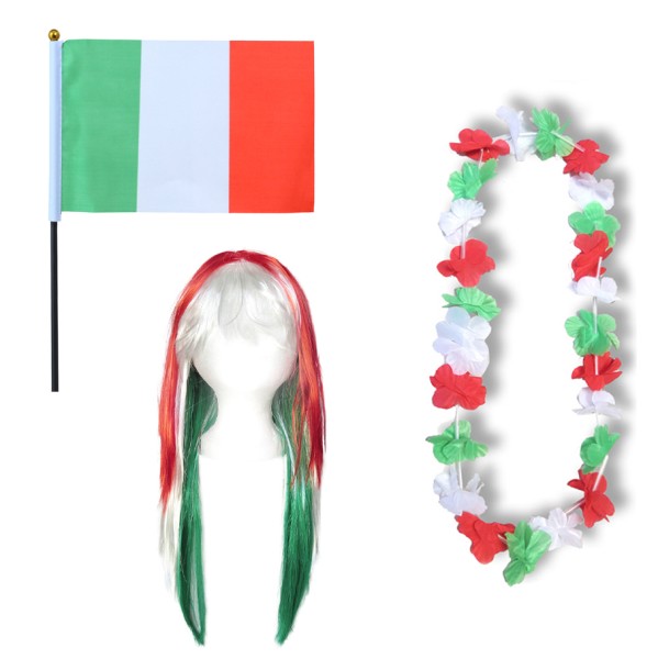 Fanset &quot;Italien&quot; Italy Italia Blumenkette Fahne Flagge Perücke Langhaar