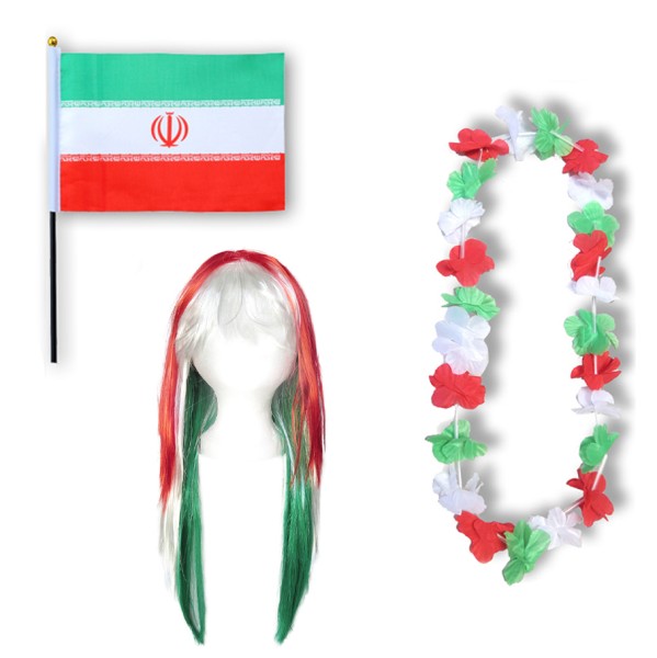 Fanset &quot;Iran&quot; Blumenkette Fahne Flagge Perücke Langhaar