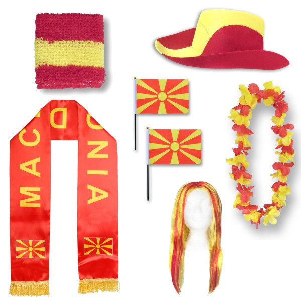 Fan-Paket &quot;Nordmazedonien&quot; North Macedonia WM EM Fußball Schal Hawaiikette Hut Schweissband Fahne