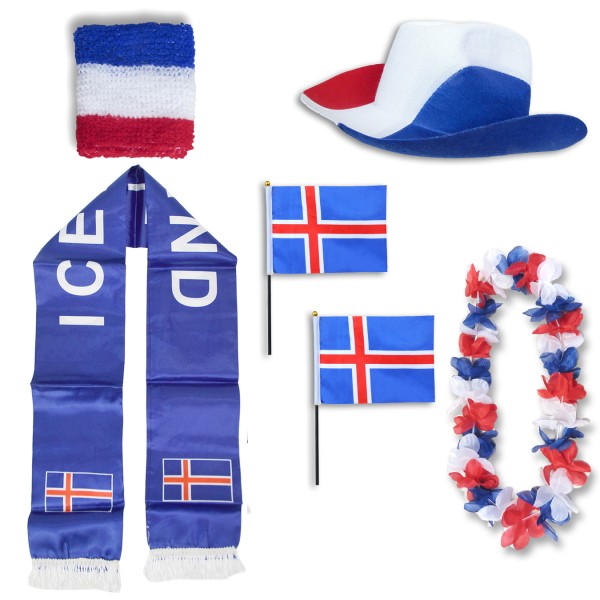 Fan-Paket &quot;Island&quot; Iceland WM EM Fußball Schal Hawaiikette Hut Schweissband Fahne Flagge