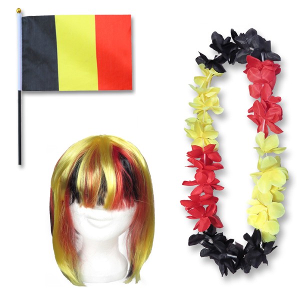 Fanset &quot;Belgien&quot; Belgium Blumenkette Fahne Flagge Perücke Bob