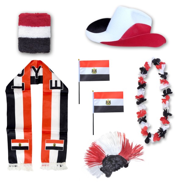 Fan-Paket &quot;Ägypten&quot; Egypt WM EM Fußball Schal Hawaiikette Hut Schweissband Fahne Iro Perücke
