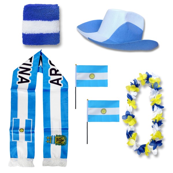 Fan-Paket &quot;Argentinien&quot; Argentina WM EM Fußball Schal Hawaiikette Hut Schweissband Fahne Flagge
