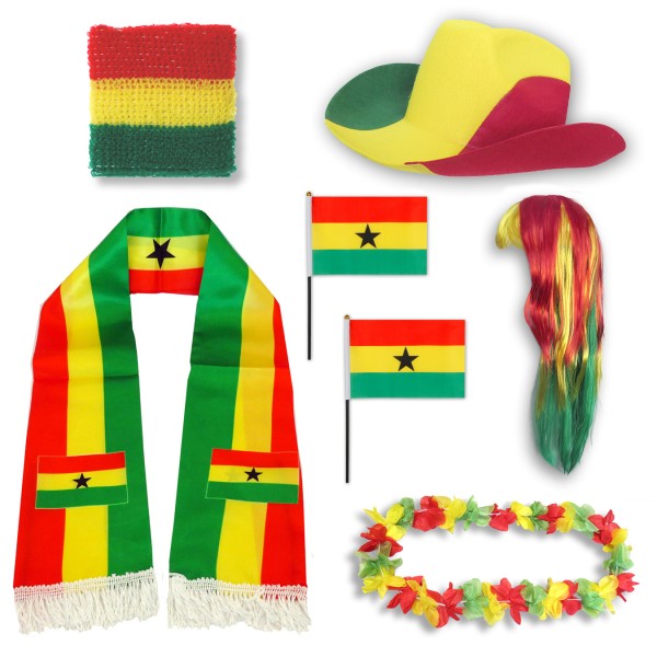 Fan-Paket &quot;Ghana&quot; WM EM Fußball Schal Hawaiikette Hut Schweissband Fahne Perücke