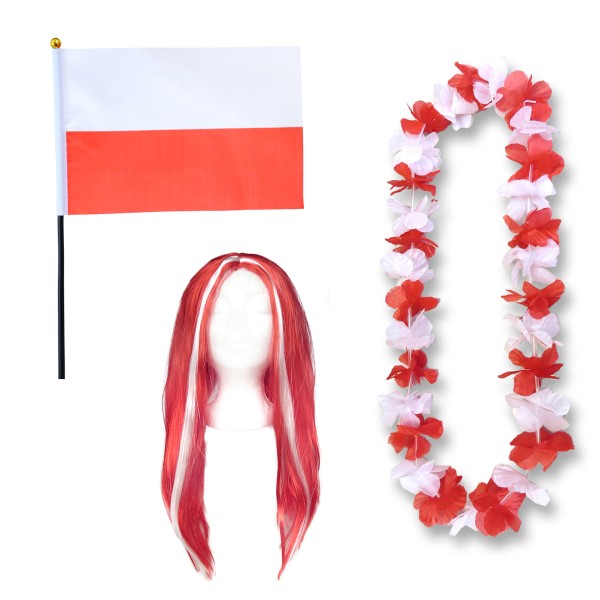 Fanset &quot;Polen&quot; Poland Polska Blumenkette Fahne Flagge Perücke Langhaar