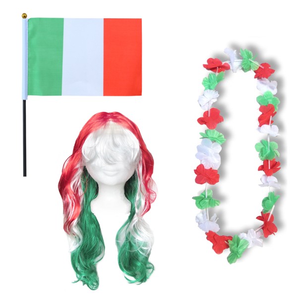 Fanset &quot;Italien&quot; Italy Italia Blumenkette Fahne Flagge Perücke Langhaar-Locken