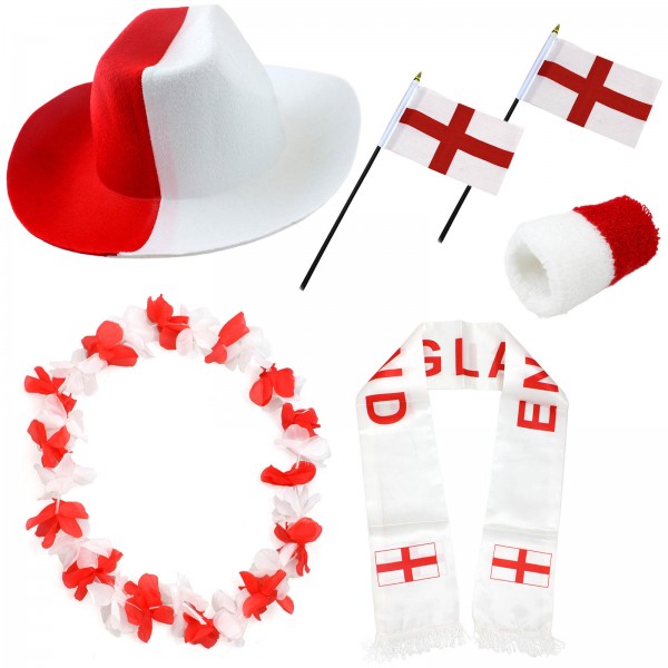 Fan-Paket &quot;England&quot; WM EM Fußball Schal Hawaiikette Hut Schweissband Fahne Flagge