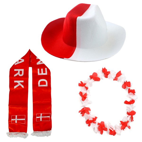 Fan-Paket &quot;Dänemark&quot; Denmark WM EM Fußball Schal Hawaiikette Hut Fanartikel