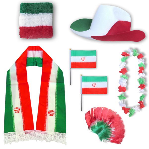 Fan-Paket &quot;Iran&quot; WM EM Fußball Schal Hawaiikette Hut Schweissband Fahne Iro Perücke