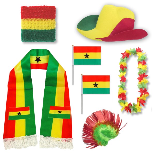 Fan-Paket &quot;Ghana&quot; WM EM Fußball Schal Hawaiikette Hut Schweissband Fahne Iro Perücke
