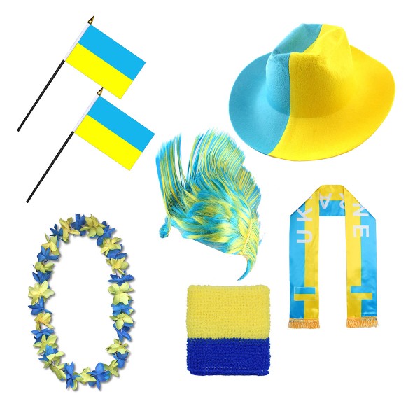 Fan-Paket &quot;Ukraine&quot; WM EM Fußball Schal Hawaiikette Hut Schweissband Fahne Perücke