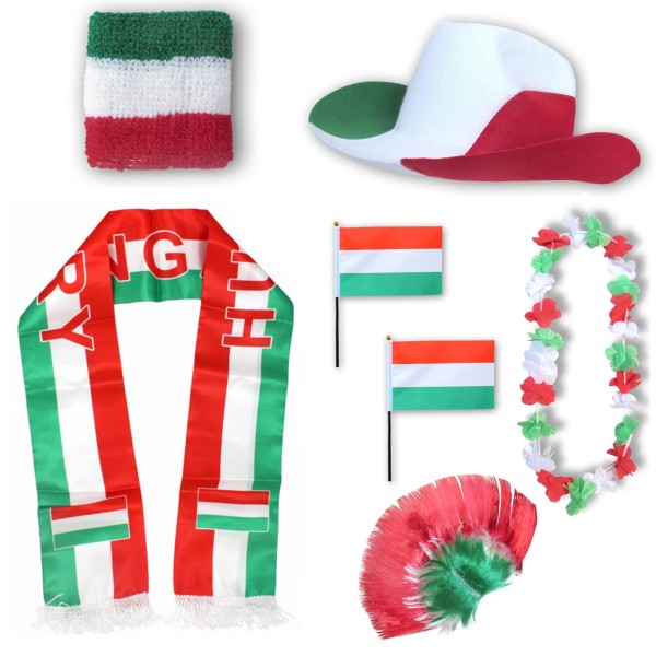 Fan-Paket &quot;Ungarn&quot; Hungary WM EM Fußball Schal Hawaiikette Hut Schweissband Fahne Perücke