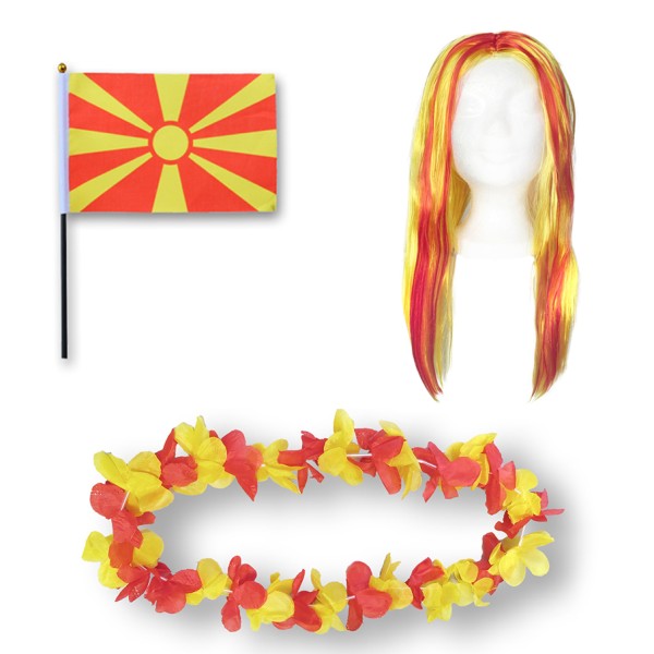 Fanset &quot;Nordmazedonien&quot; North Macedonia Blumenkette Fahne Flagge Perücke Langhaar