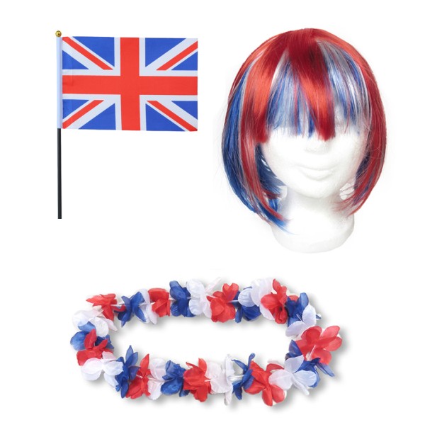 Fanset &quot;Grossbritannien&quot; GB UK Blumenkette Fahne Flagge Perücke Bob