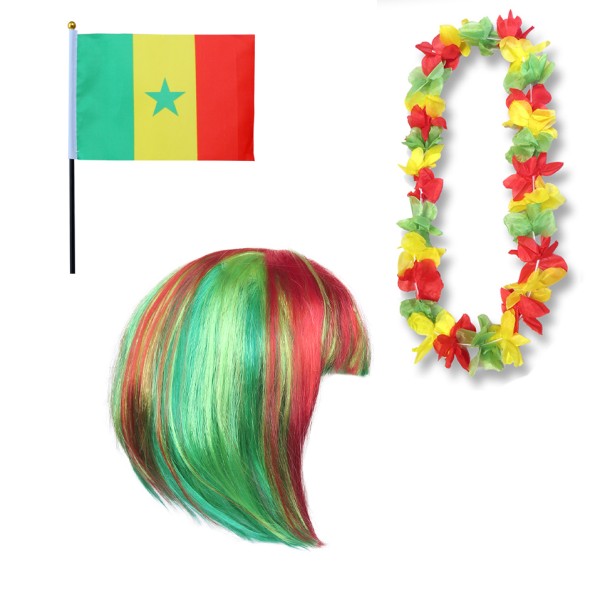 Fanset &quot;Senegal&quot; Blumenkette Fahne Flagge Perücke Bob