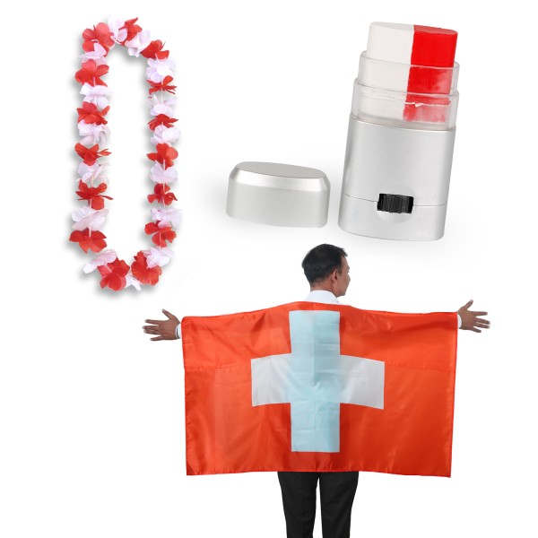 Fan-Paket EM &quot;Schweiz&quot; Switzerland Fußball Hawaiikette Schminkstift Poncho