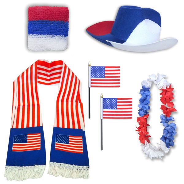 Fan-Paket &quot;USA&quot; United States Amerika America WM EM Fußball Schal Hawaiikette Hut Schweissband Fahne