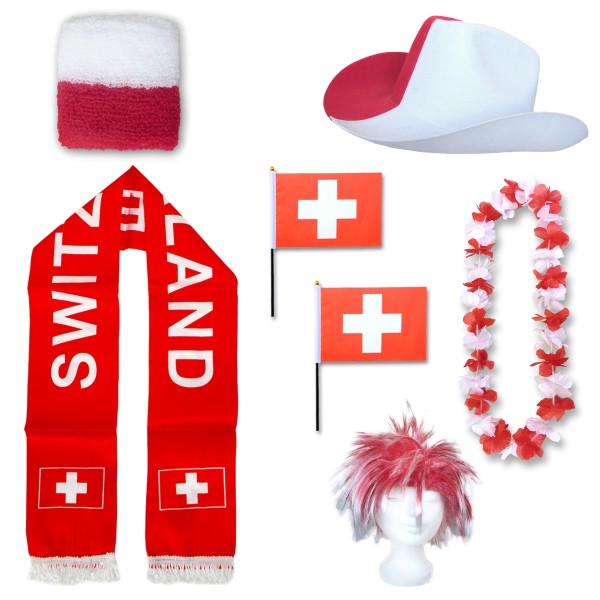 Fan-Paket &quot;Schweiz&quot; Switzerland WM EM Fußball Schal Hawaiikette Hut Schweissband Fahne Perücke