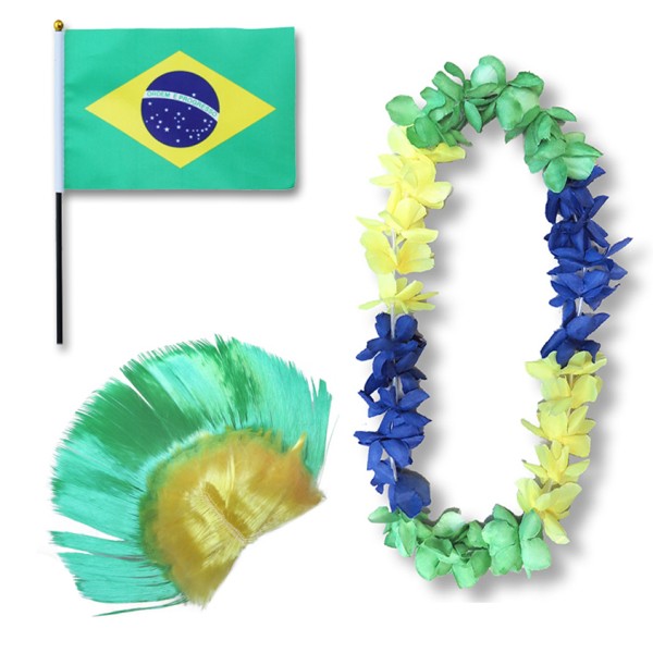 Fanset &quot;Brasilien&quot; Brazil Brasil Blumenkette Fahne Flagge Perücke Irokese