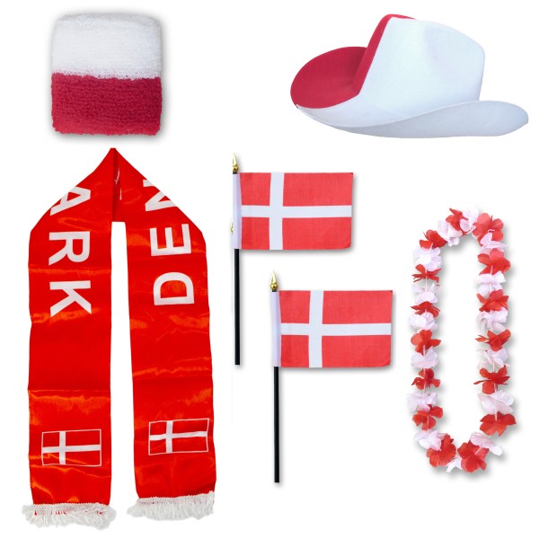 Fan-Paket &quot;Dänemark&quot; Denmark Dansk WM EM Fußball Schal Hawaiikette Hut Schweissband Fahne Flagge