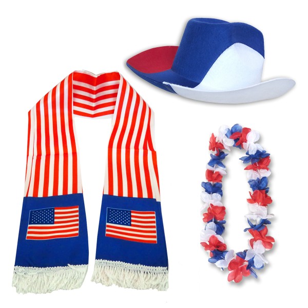 Fan-Paket &quot;USA&quot; Amerika WM EM Fußball Schal Hawaiikette Hut Fanartikel