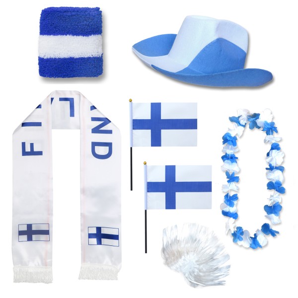 Fan-Paket &quot;Finnland&quot; WM EM Fußball Schal Hawaiikette Hut Schweissband Fahne Perücke