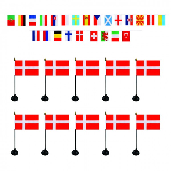 FANSET EM &quot;Dänemark&quot; Fußball Teilnehmer Girlande 10x Mini Handflaggen und Halter