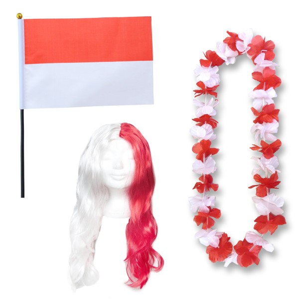 Fanset &quot;Indonesien&quot; Indonesia Blumenkette Fahne Flagge Perücke Langhaar-Locken