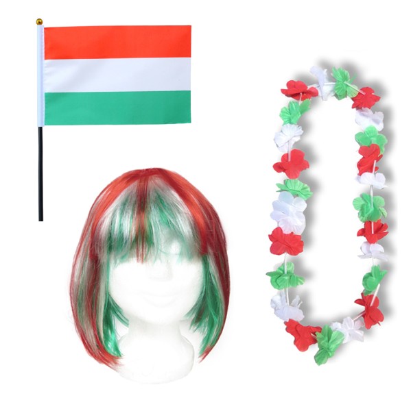Fanset &quot;Ungarn&quot; Hungary Blumenkette Fahne Flagge Perücke Bob