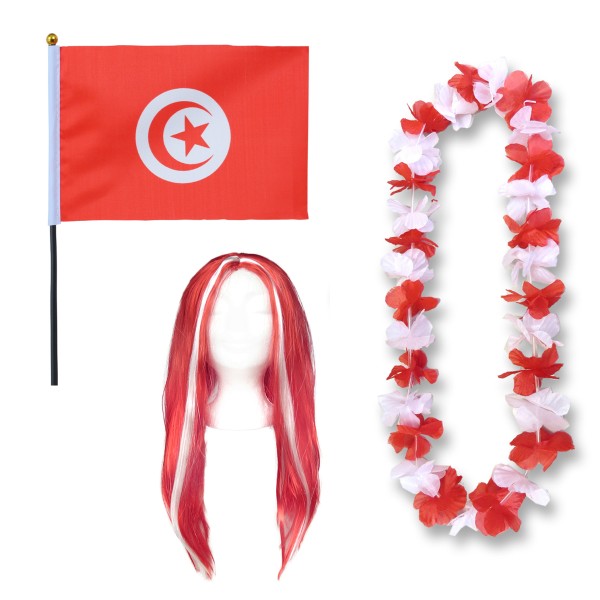 Fanset &quot;Tunesien&quot; Tunisia Blumenkette Fahne Flagge Perücke Langhaar