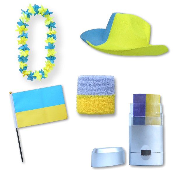 Fan-Paket EM &quot;Ukraine&quot; Ukrain Fußball Hut Kette Schminke Schweißband Flagge