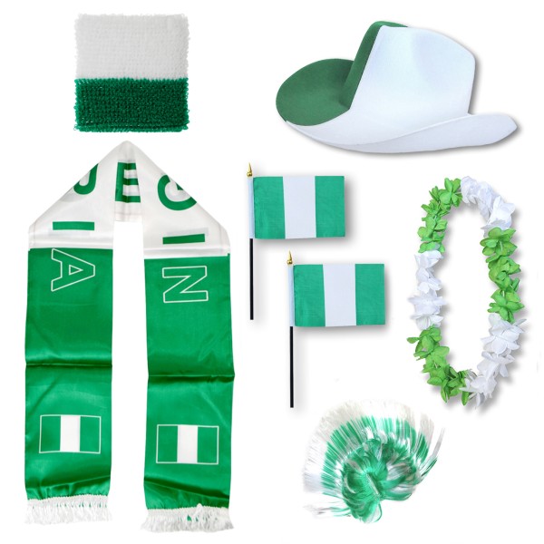 Fan-Paket &quot;Nigerien&quot; Nigeria WM EM Fußball Schal Hawaiikette Hut Schweissband Fahne Iro Perücke