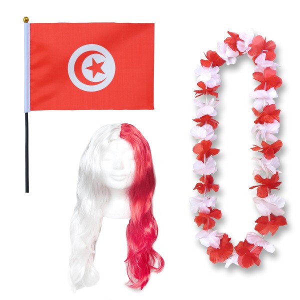 Fanset &quot;Tunesien&quot; Tunisia Blumenkette Fahne Flagge Perücke Langhaar-Locken