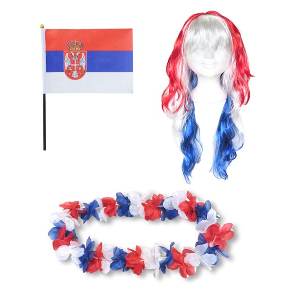 Fanset &quot;Serbien&quot; Serbia Blumenkette Fahne Flagge Perücke Langhaar-Locken