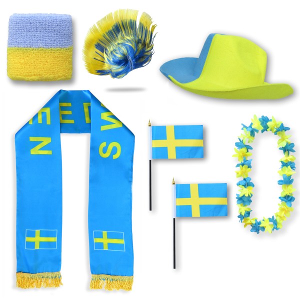 Fan-Paket &quot;Schweden&quot; Sweden WM EM Fußball Schal Hawaiikette Hut Schweissband Fahne Perücke