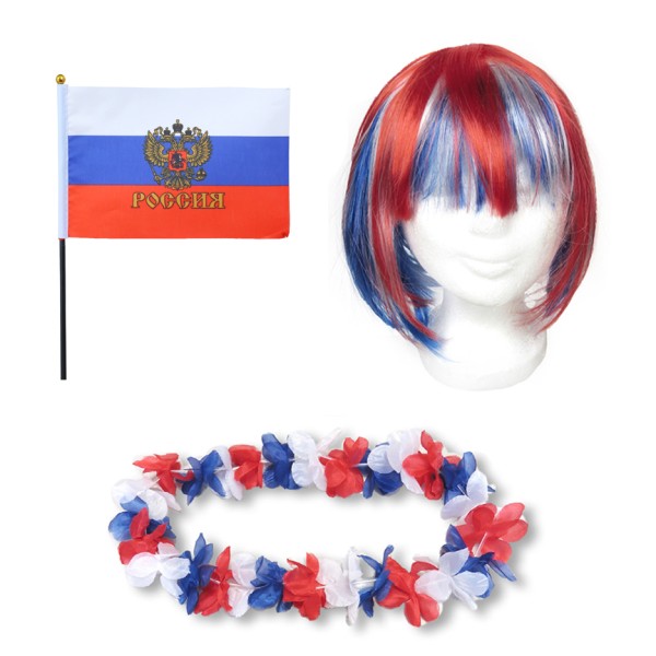 Fanset &quot;Russland&quot; Russia Blumenkette Fahne Flagge Perücke Bob