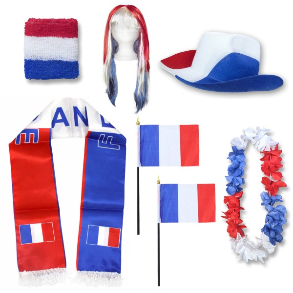 Fan-Paket &quot;Frankreich&quot; France WM EM Fußball Schal Hawaiikette Hut Schweissband Fahne Perücke