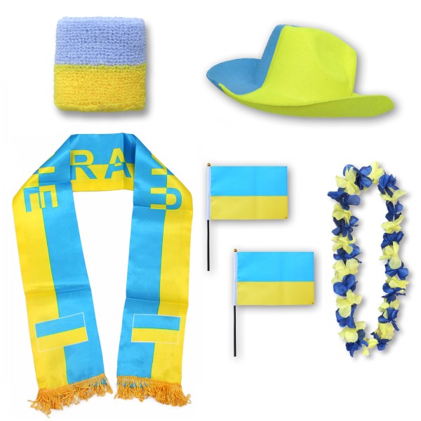 Fan-Paket &quot;Ukraine&quot; WM EM Fußball Schal Hawaiikette Hut Schweissband Fahne Flagge