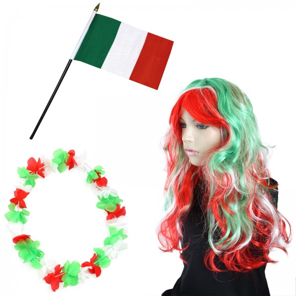 Fanset &quot;Italien&quot; Italy Italia Blumenkette Fahne Flagge Perücke Langhaar-Locken