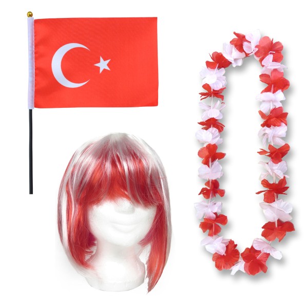 Fanset &quot;Türkei&quot; Turkey Türkiye Blumenkette Fahne Flagge Perücke Bob
