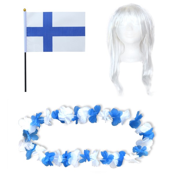 Fanset &quot;Finnland&quot; Blumenkette Fahne Flagge Perücke Langhaar
