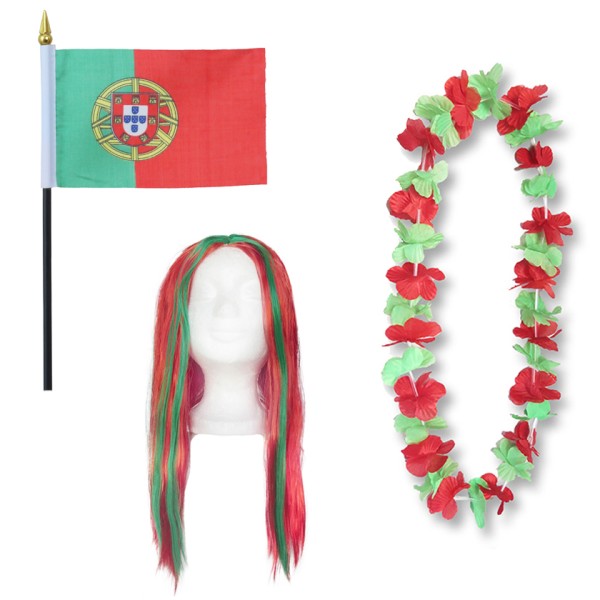 Fanset &quot;Portugal&quot; Blumenkette Fahne Flagge Perücke Langhaar