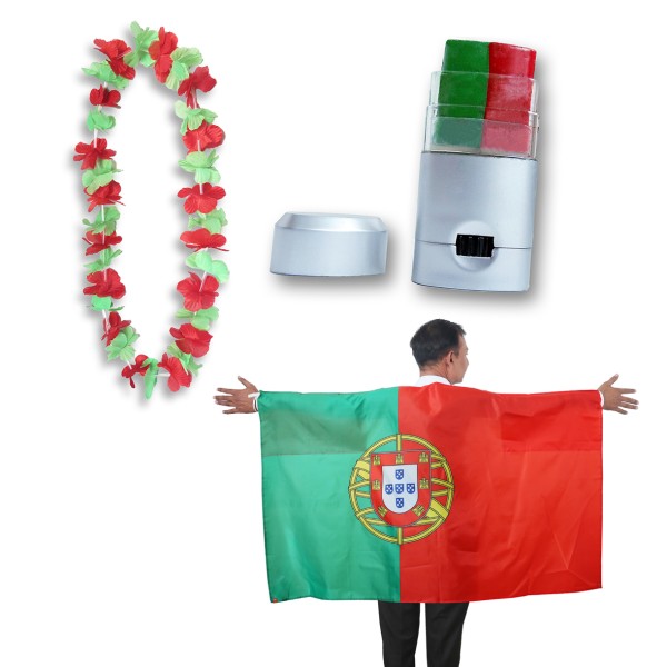 Fan-Paket EM &quot;Portugal&quot; Fanset Fußball Hawaiikette Schminkstift Poncho