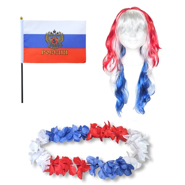 Fanset &quot;Russland&quot; Russia Blumenkette Fahne Flagge Perücke Langhaar-Locken