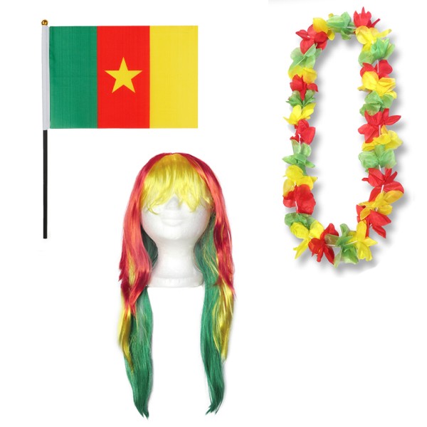Fanset &quot;Kamerun&quot; Cameroon Blumenkette Fahne Flagge Perücke Langhaar